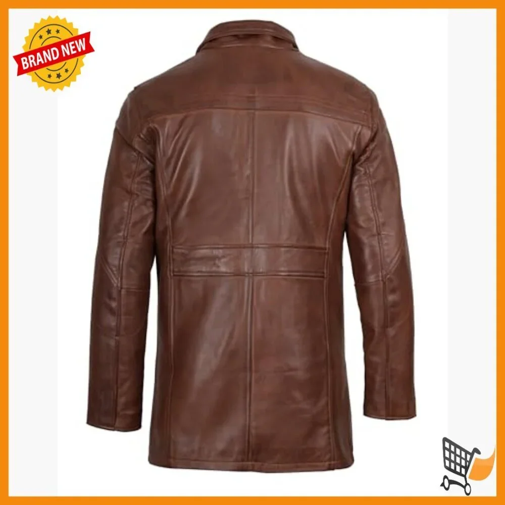 Men's Real Lambskin Leather Coat Car Coat Style Full Zip Lined